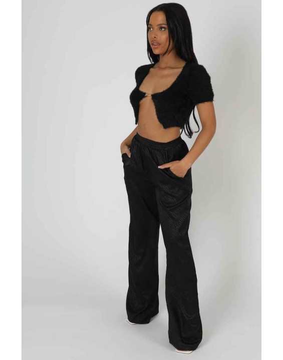 Satin Zebra Print Wide Leg Trousers Black