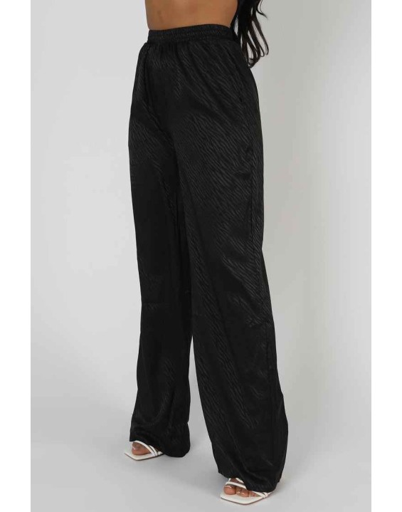 Satin Zebra Print Wide Leg Trousers Black