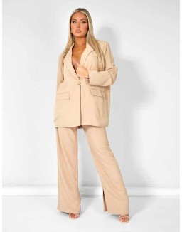 Split Detail High Waisted Dad Trouser Sand