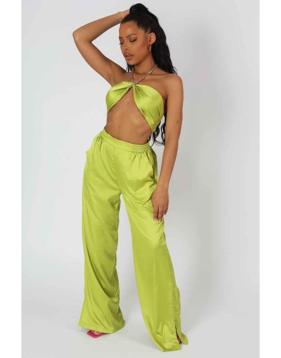 Wide Leg Satin Trousers Lime