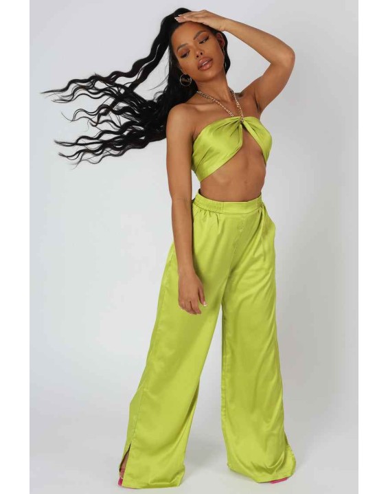 Wide Leg Satin Trousers Lime
