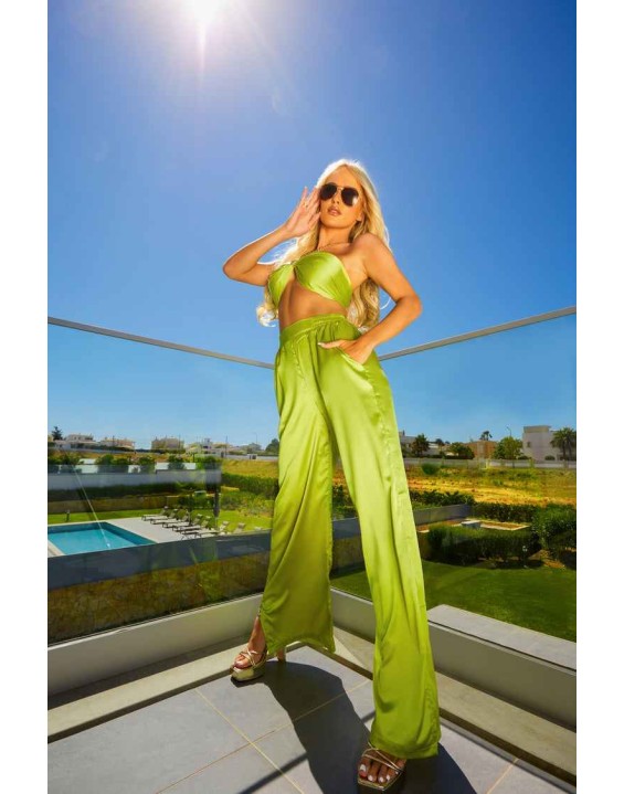 Wide Leg Satin Trousers Lime