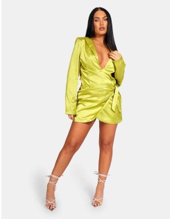 Tie Waist Satin Blazer Dress Lime