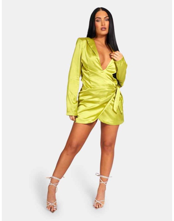 Tie Waist Satin Blazer Dress Lime