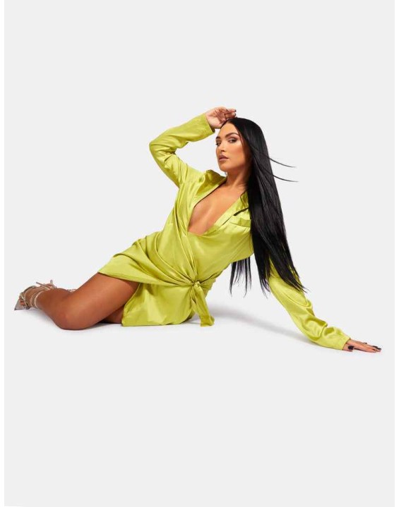 Tie Waist Satin Blazer Dress Lime