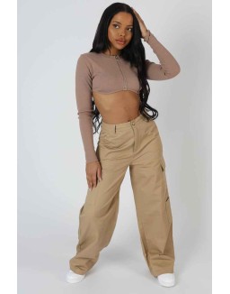 Wide Leg Pocket Detail Cargo Trouser Sand