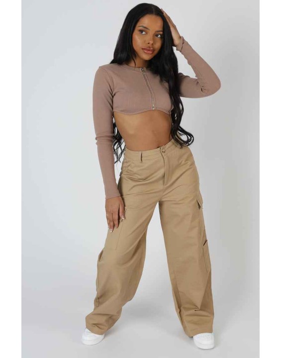 Wide Leg Pocket Detail Cargo Trouser Sand