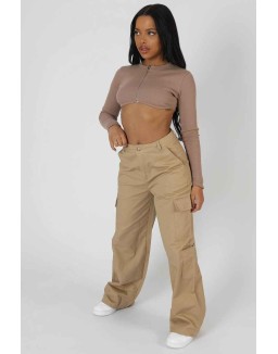 Wide Leg Pocket Detail Cargo Trouser Sand