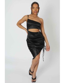 Asymmetric Cut Out Ruched Satin Midi Dress Black