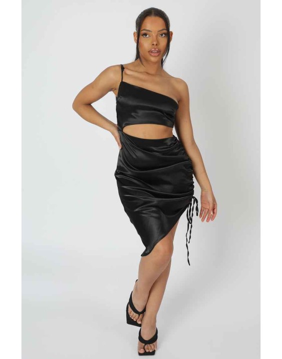 Asymmetric Cut Out Ruched Satin Midi Dress Black
