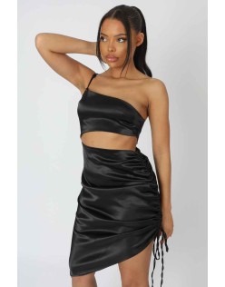 Asymmetric Cut Out Ruched Satin Midi Dress Black