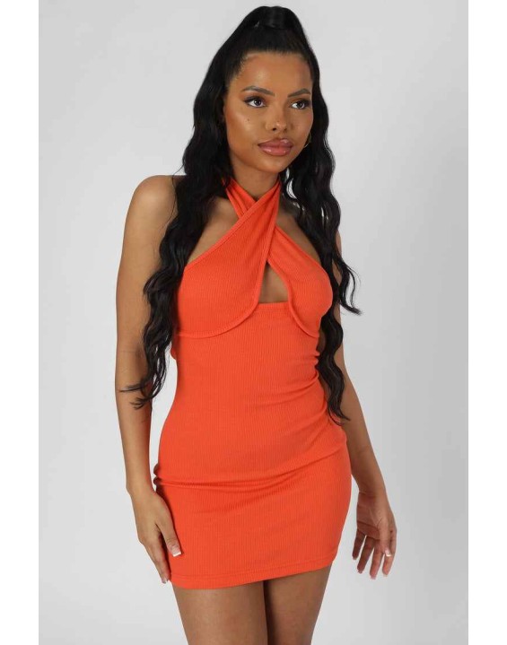 Wrap Halterneck Mini Dress Orange