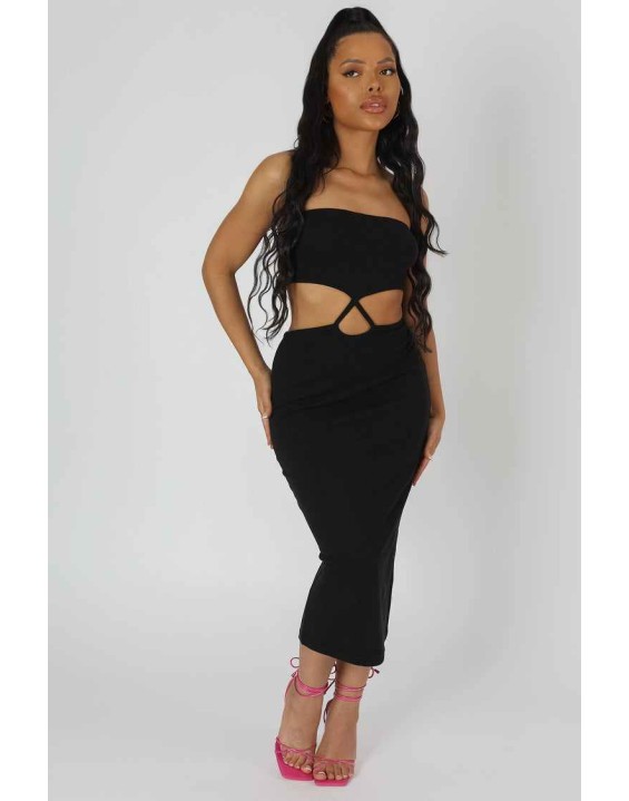 Strapless Bandeau Cut Out Detail Midi Dress Black