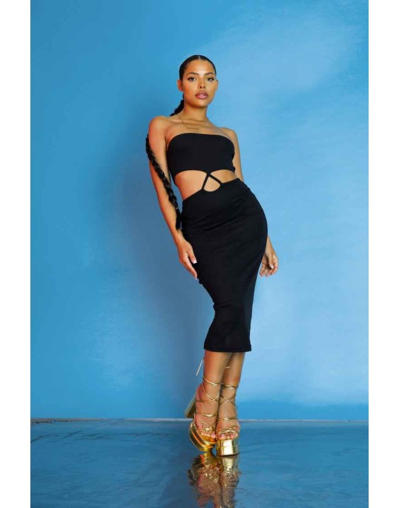 Strapless Bandeau Cut Out Detail Midi Dress Black
