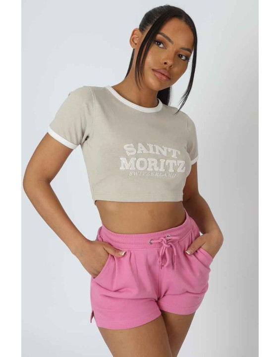 Cropped Baby Tee Saint Morez Slogan Oatmeal