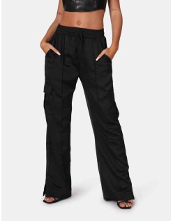 Split Hem Satin Elasticated Waist Wide Leg Cargo Trousers Black