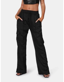 Split Hem Satin Elasticated Waist Wide Leg Cargo Trousers Black
