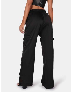 Split Hem Satin Elasticated Waist Wide Leg Cargo Trousers Black