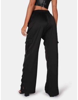 Split Hem Satin Elasticated Waist Wide Leg Cargo Trousers Black