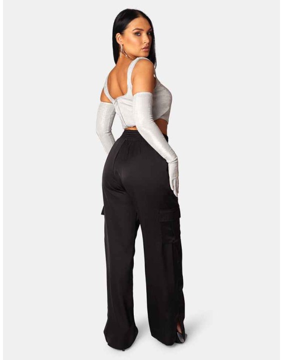 Split Hem Satin Elasticated Waist Wide Leg Cargo Trousers Black