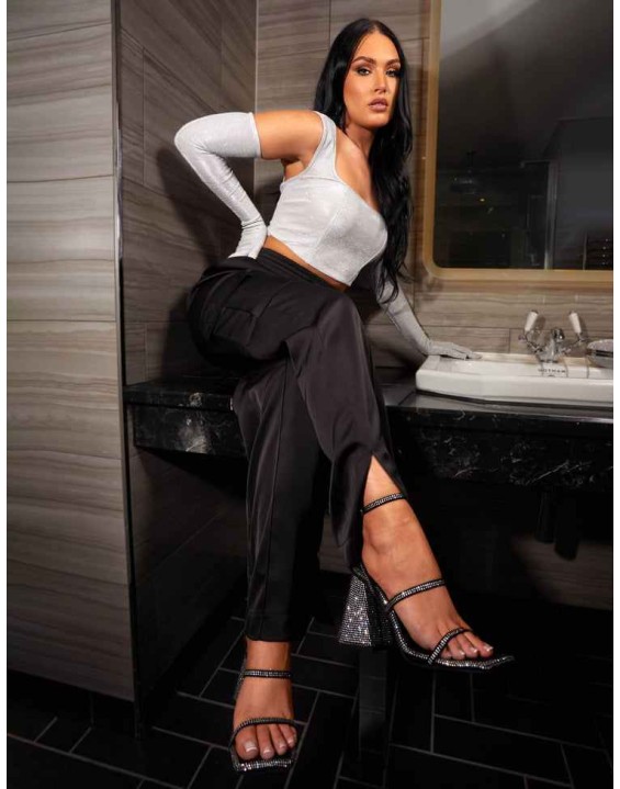Split Hem Satin Elasticated Waist Wide Leg Cargo Trousers Black