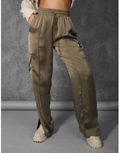 Split Hem Satin Elasticated Waist Wide Leg Cargo Trousers Khaki
