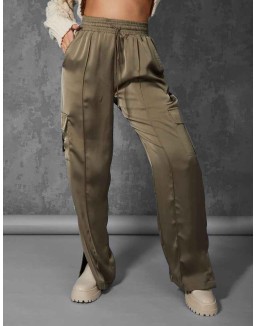 Split Hem Satin Elasticated Waist Wide Leg Cargo Trousers Khaki