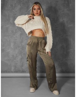 Split Hem Satin Elasticated Waist Wide Leg Cargo Trousers Khaki