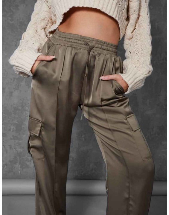 Split Hem Satin Elasticated Waist Wide Leg Cargo Trousers Khaki