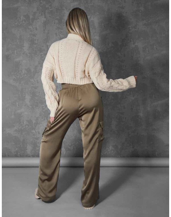 Split Hem Satin Elasticated Waist Wide Leg Cargo Trousers Khaki