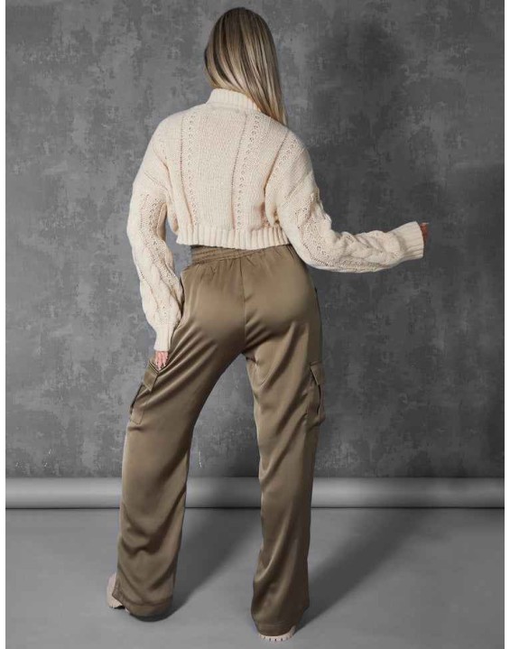 Split Hem Satin Elasticated Waist Wide Leg Cargo Trousers Khaki