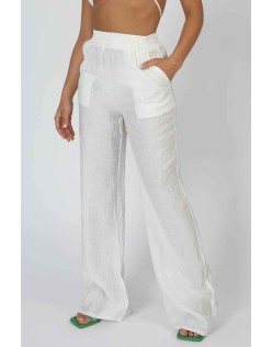 Crinkle Elasticated Waist Wide Leg Trousers White