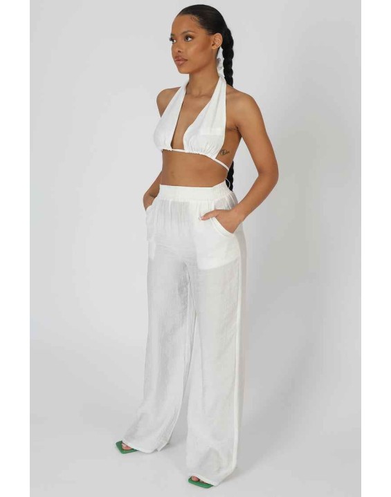 Crinkle Elasticated Waist Wide Leg Trousers White