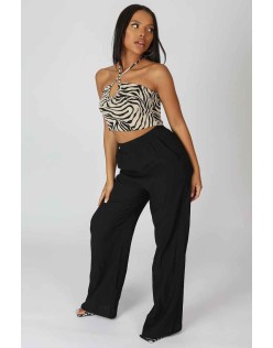 Crinkle Elasticated Waist Wide Leg Trousers Black
