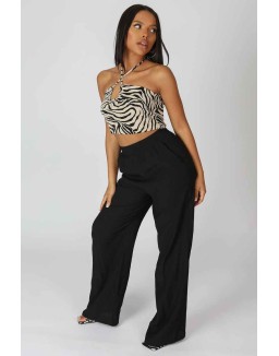 Crinkle Elasticated Waist Wide Leg Trousers Black