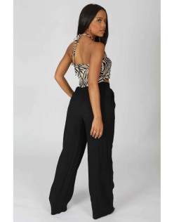 Crinkle Elasticated Waist Wide Leg Trousers Black