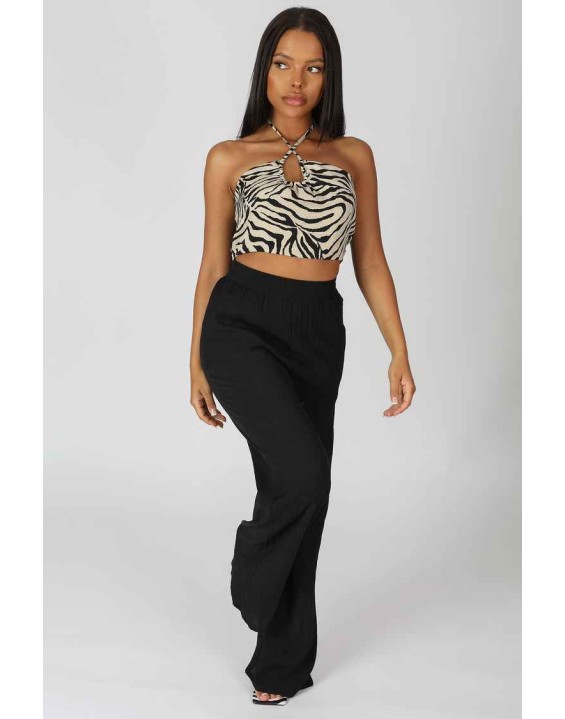 Crinkle Elasticated Waist Wide Leg Trousers Black