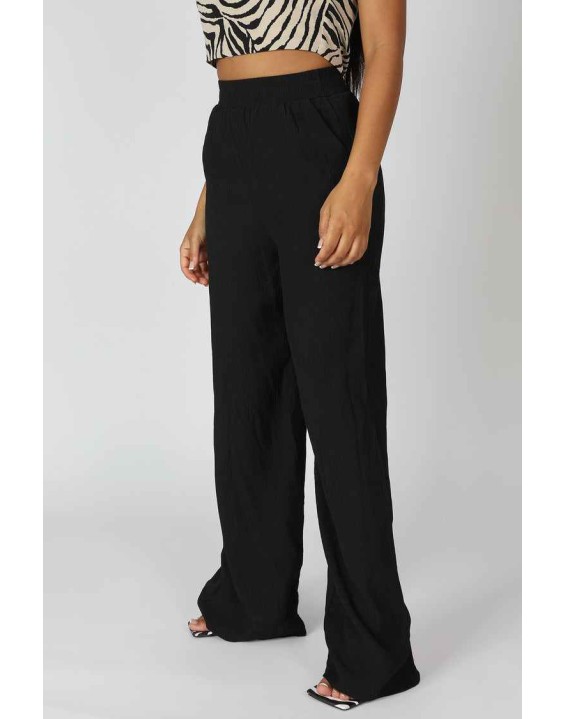 Crinkle Elasticated Waist Wide Leg Trousers Black