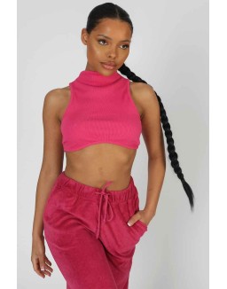 High Neck Underbust Ribbed Crop Top Pink