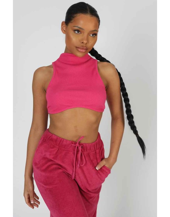 High Neck Underbust Ribbed Crop Top Pink