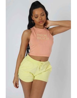 Palm Beach Embroidered Racer Crop Top Peach