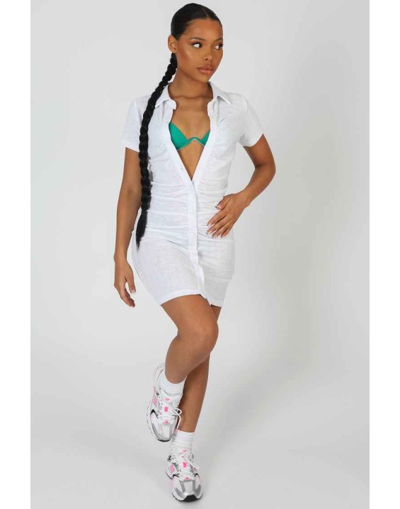 Button Front Ruched Dress White
