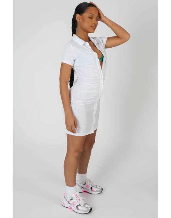 Button Front Ruched Dress White