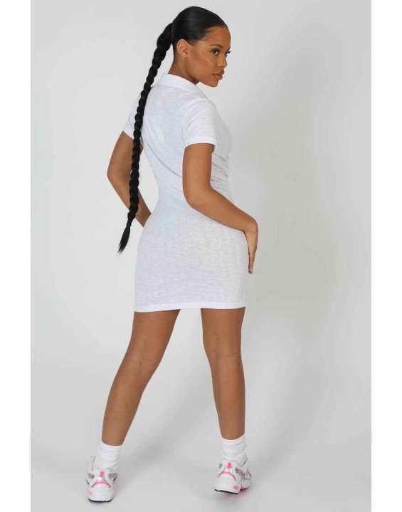 Button Front Ruched Dress White