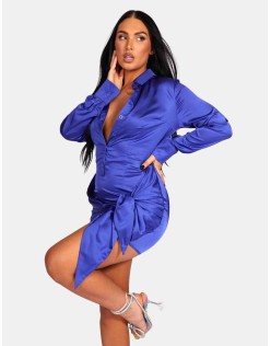 Tie Waist Satin Shirt Dress Purple