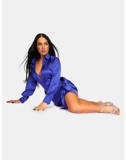 Tie Waist Satin Shirt Dress Purple
