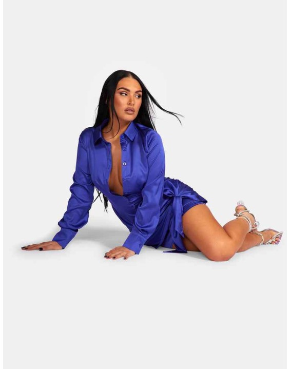 Tie Waist Satin Shirt Dress Purple