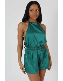 Halterneck Satin Playsuit Emerald