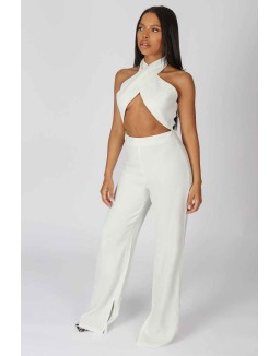 Cross Front Halter Wide Leg Jumpsuit White
