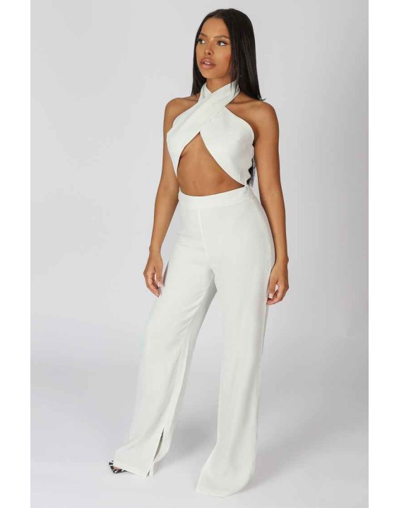 Cross Front Halter Wide Leg Jumpsuit White